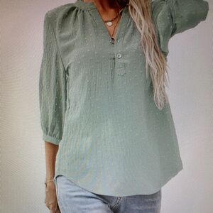 Green Puff Sleeve Blouse with Mandarin Collar